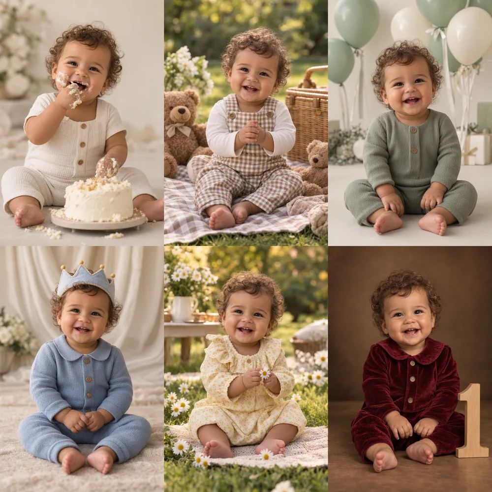AI first birthday portrait examples with cakes, balloons and party settings